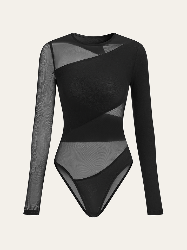 Sheer Mesh Panel Long Sleeve Bodysuit  Liora Lane Boutique Bodysuits