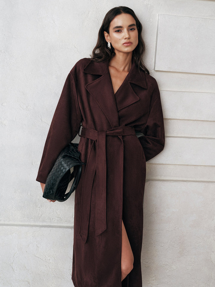 Suede Belted Long Trench Coat  Liora Lane Boutique Trench Coats