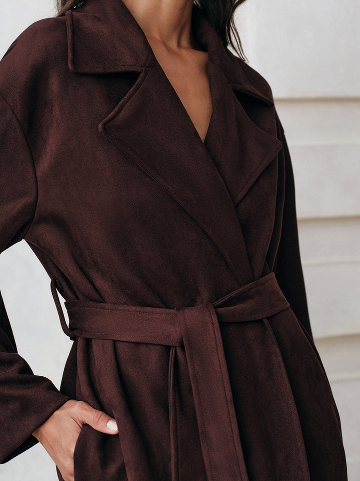 Suede Belted Long Trench Coat  Liora Lane Boutique Trench Coats