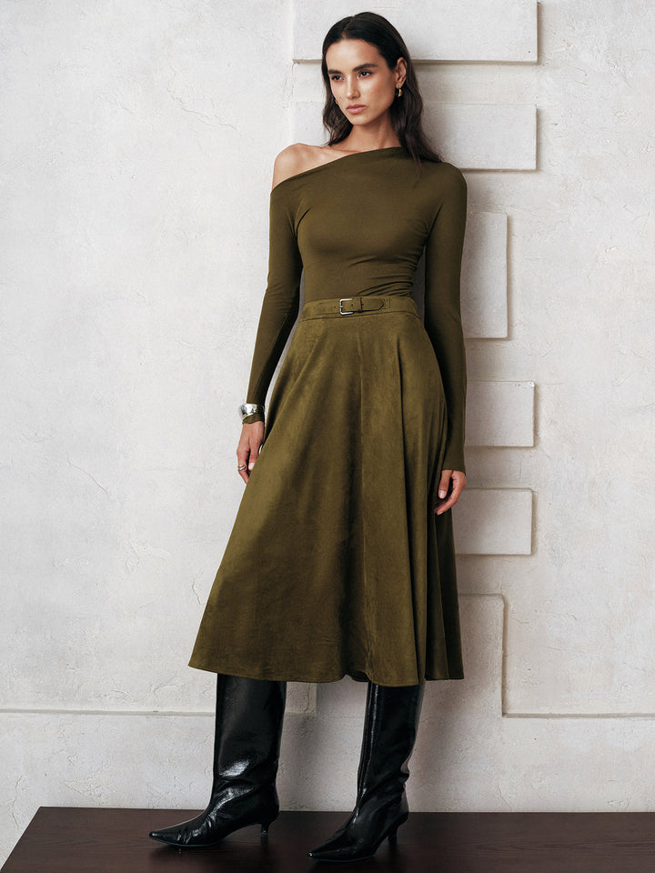Suede A-Line Midi Skirt  Liora Lane Boutique Skirts Dark Green / XL 45.00