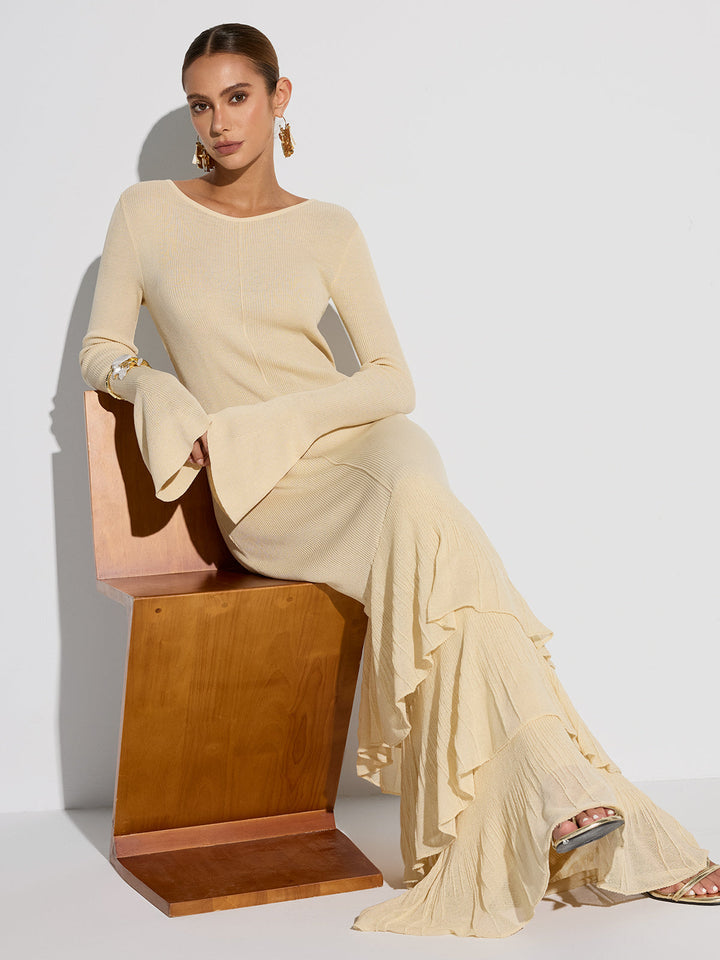 Layered Ruffled Hem Knit Maxi Dress  Liora Lane Boutique Dresses Apricot / XL 69.00