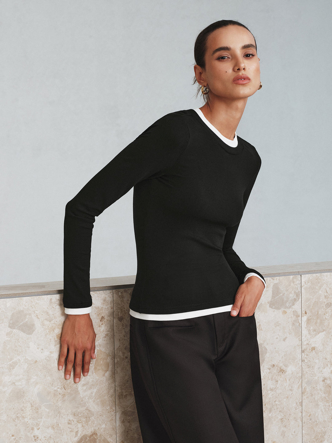 Contrast Trim Long Sleeve T-Shirt  Liora Lane Boutique T-Shirts