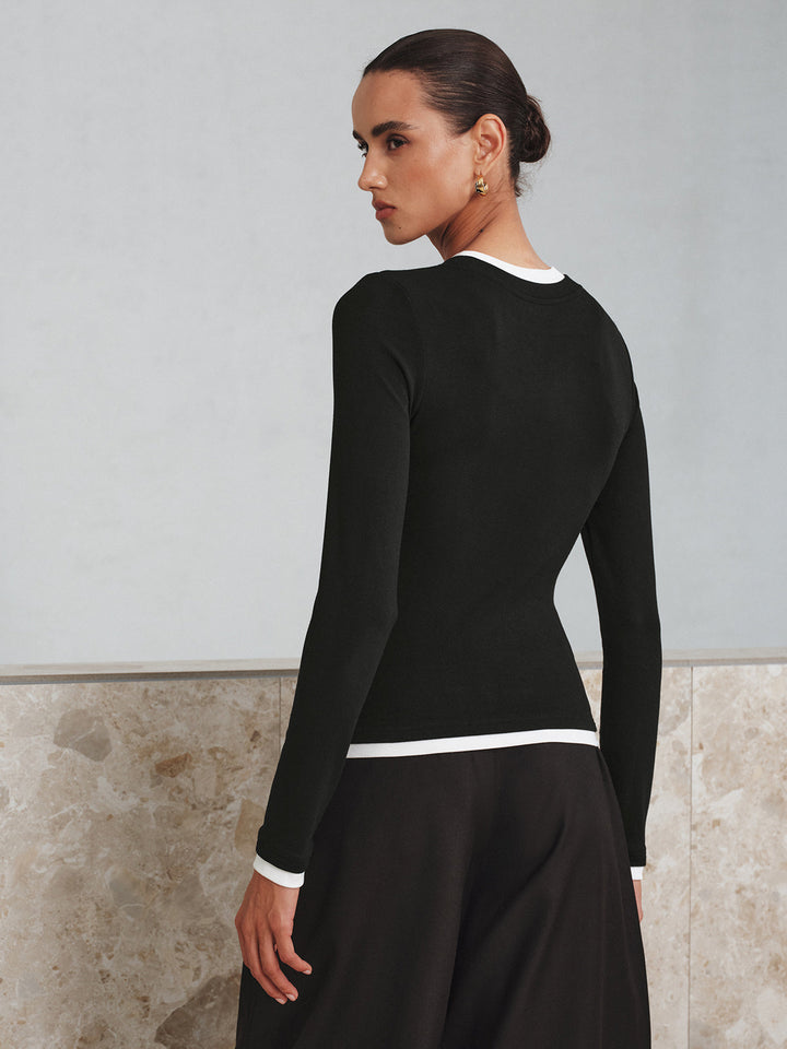 Contrast Trim Long Sleeve T-Shirt  Liora Lane Boutique T-Shirts