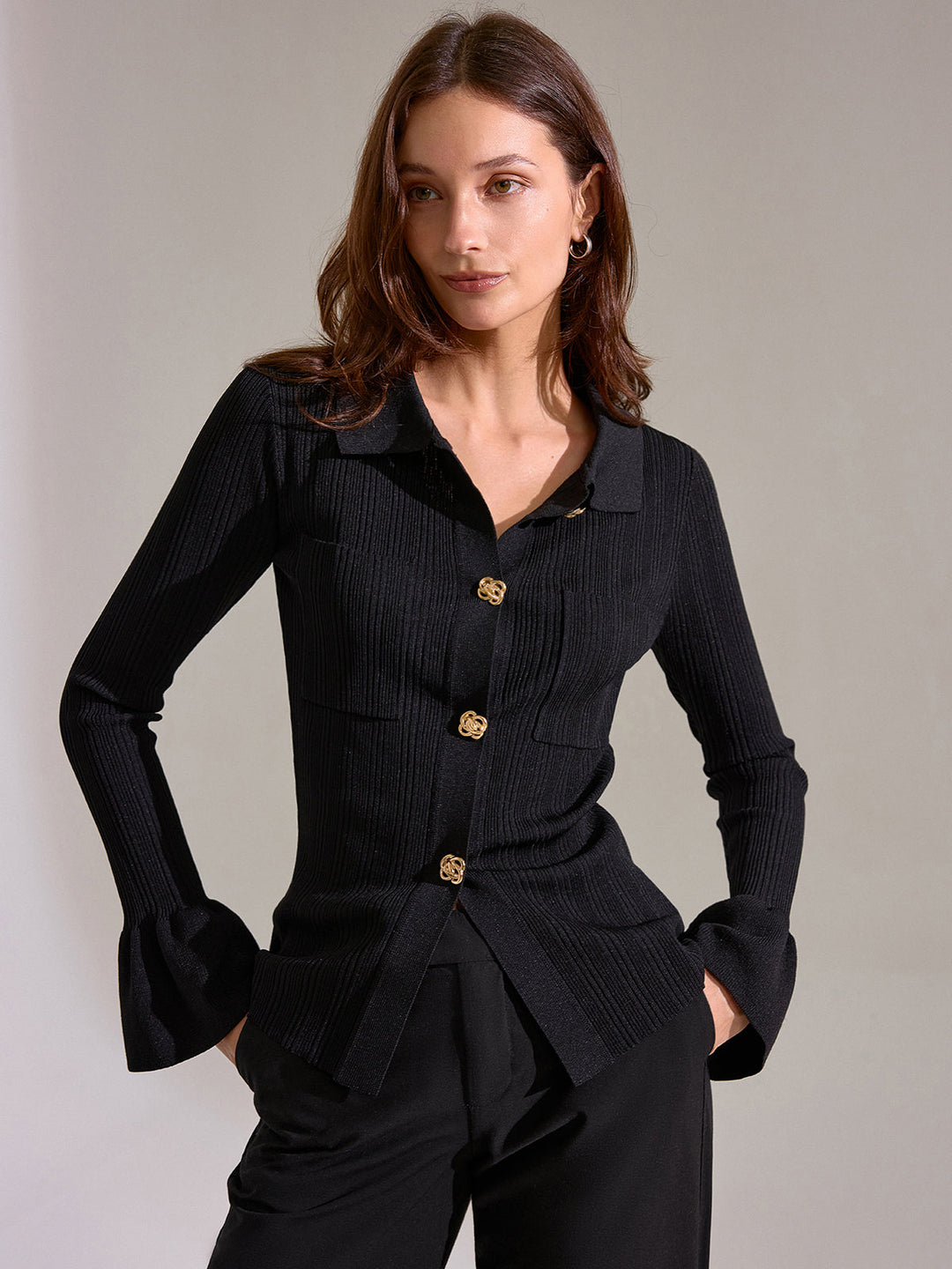 Bell Sleeve Ribbed Knit Polo Top  Liora Lane Boutique Knit Tops Black / XL 39.00