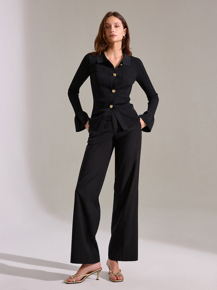 Bell Sleeve Ribbed Knit Polo Top  Liora Lane Boutique Knit Tops