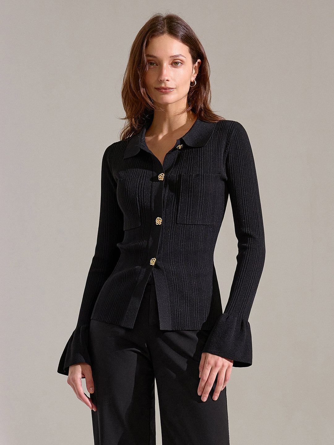 Bell Sleeve Ribbed Knit Polo Top  Liora Lane Boutique Knit Tops