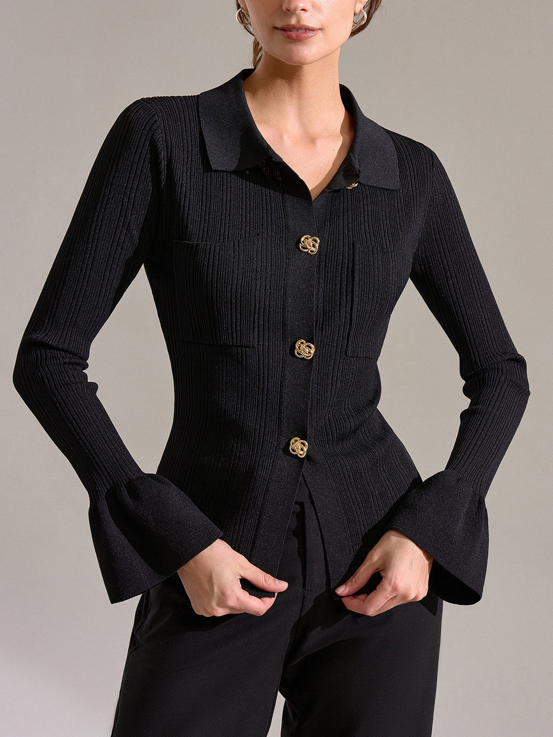 Bell Sleeve Ribbed Knit Polo Top  Liora Lane Boutique Knit Tops