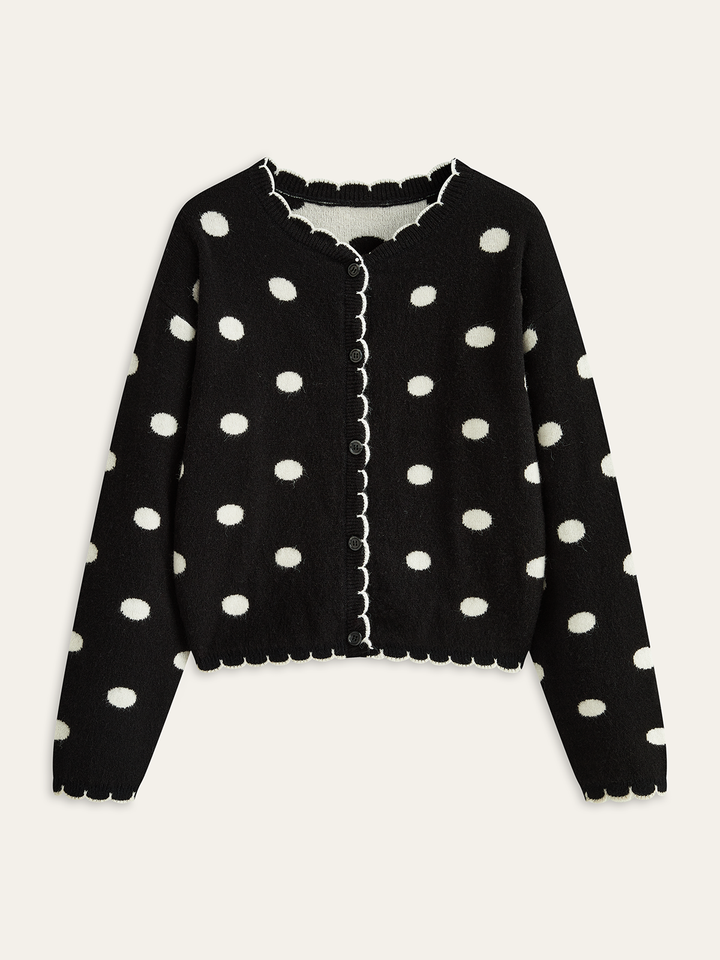 Scalloped Trim Polka Dot Knit Cardigan  Liora Lane Boutique Cardigans Black / XL 89.99
