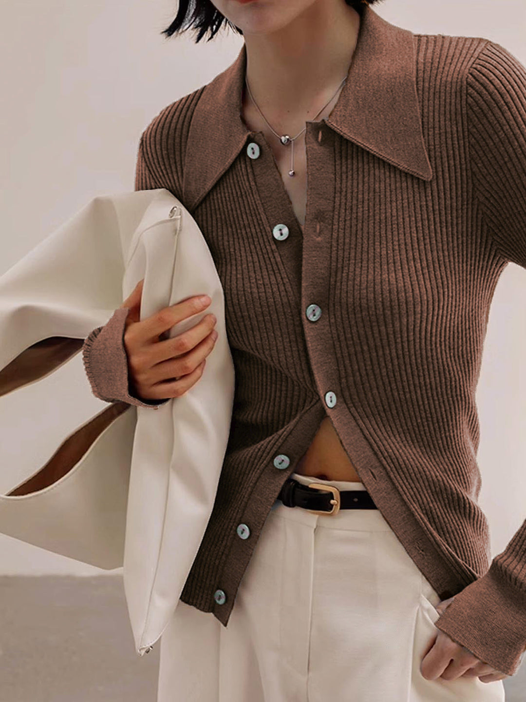 Ribbed Lapel Slim Cardigan  Liora Lane Boutique Cardigans Dark Brown / XL 39.00