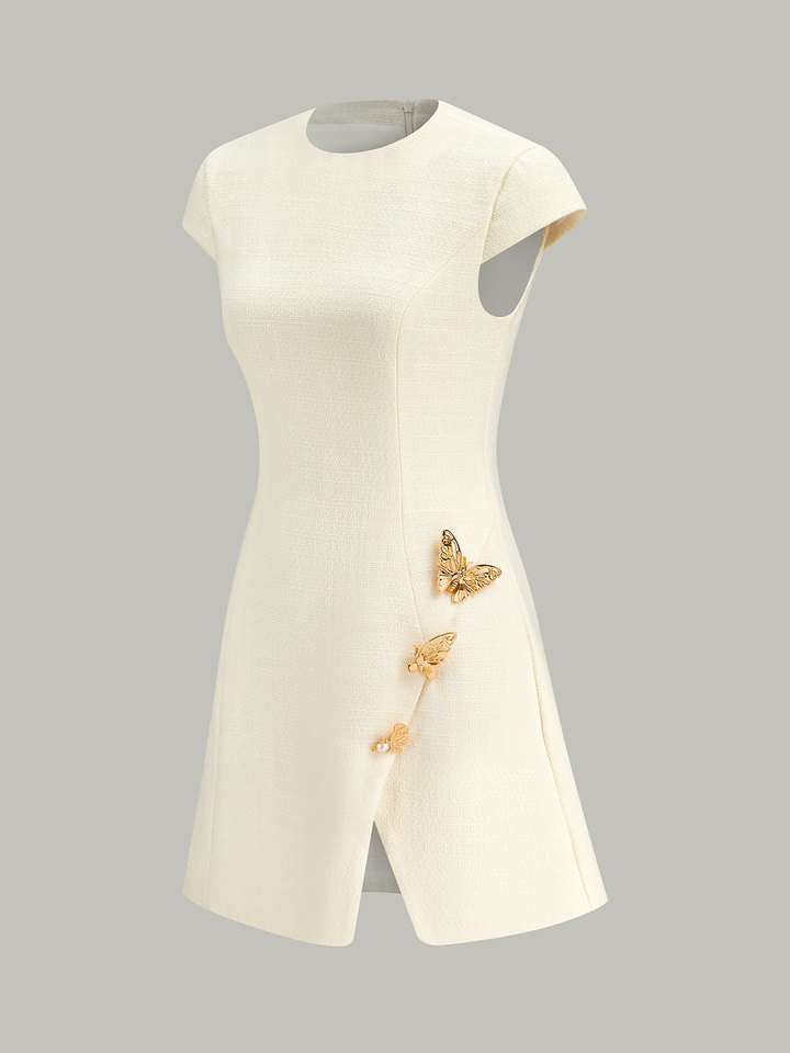 Butterfly Embellished Cap Sleeve Dress  Liora Lane Boutique Dresses Off-White / XL 65.00