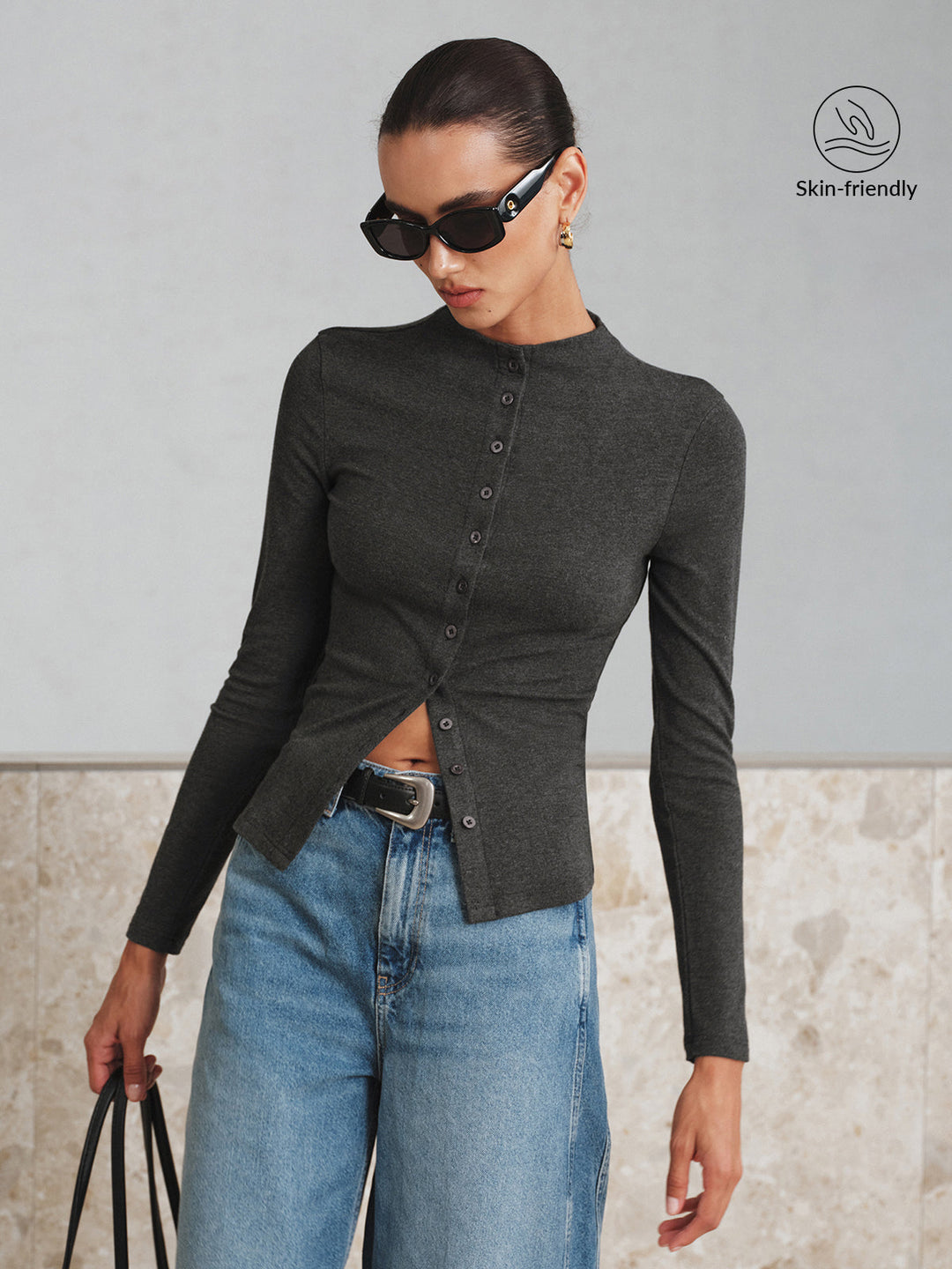 Mock Neck Button Long Sleeve T-Shirt  Liora Lane Boutique T-Shirts Grey / XL 26.00