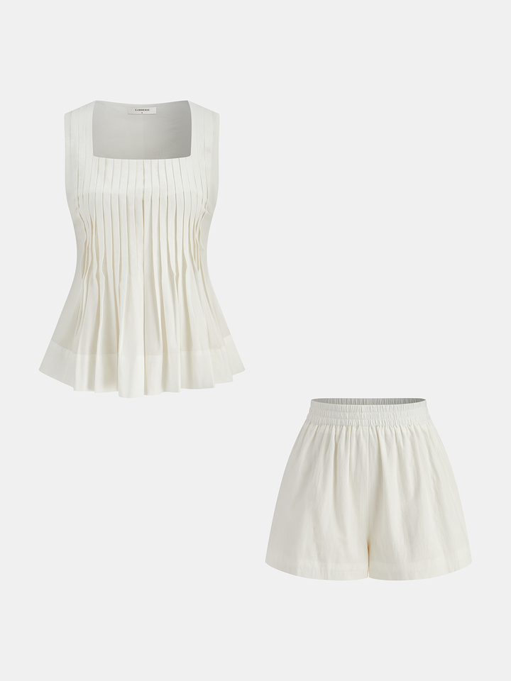 Square Neck Pleated Shorts Set  Liora Lane Boutique Short Sets