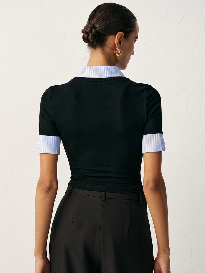2 in 1 Paneled Collar And Cuffs Fitted T-Shirt  Liora Lane Boutique T-Shirts