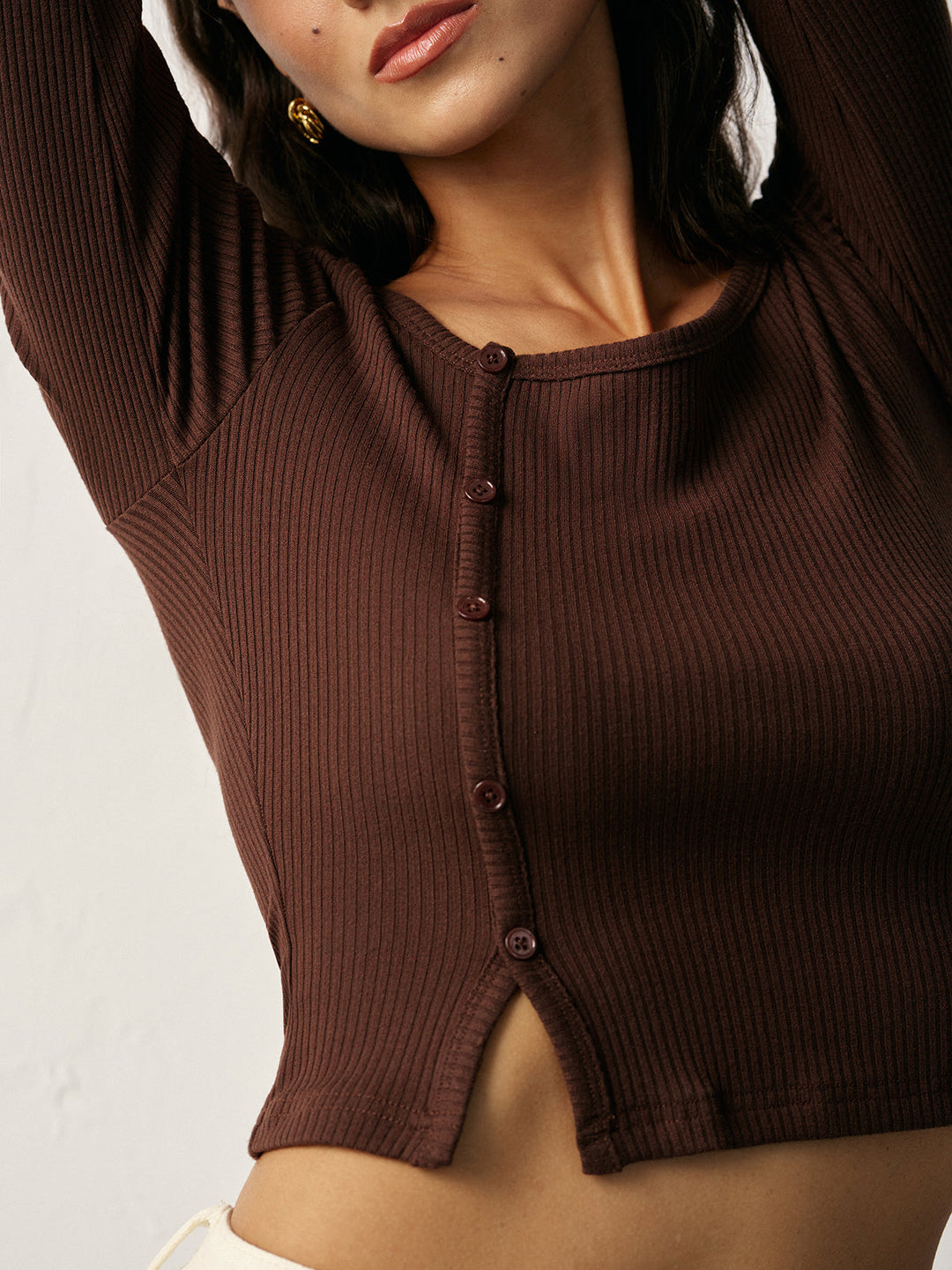 Asymmetric Button Detail Ribbed T-Shirt  Liora Lane Boutique T-Shirts