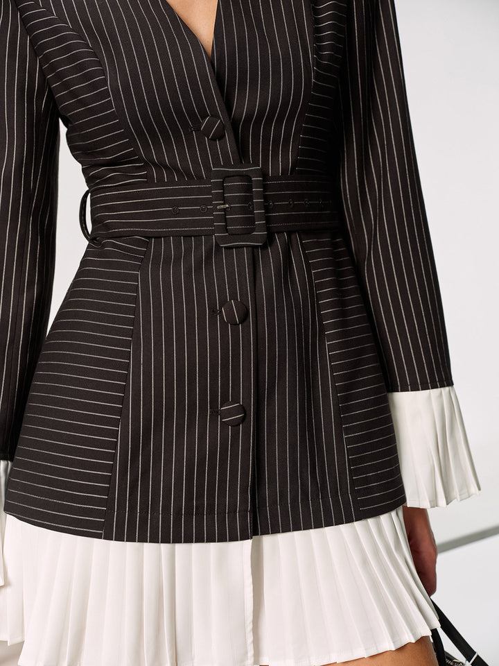 Contrast Pleated Panel Pinstriped Belted Blazer Dress  Liora Lane Boutique Dresses