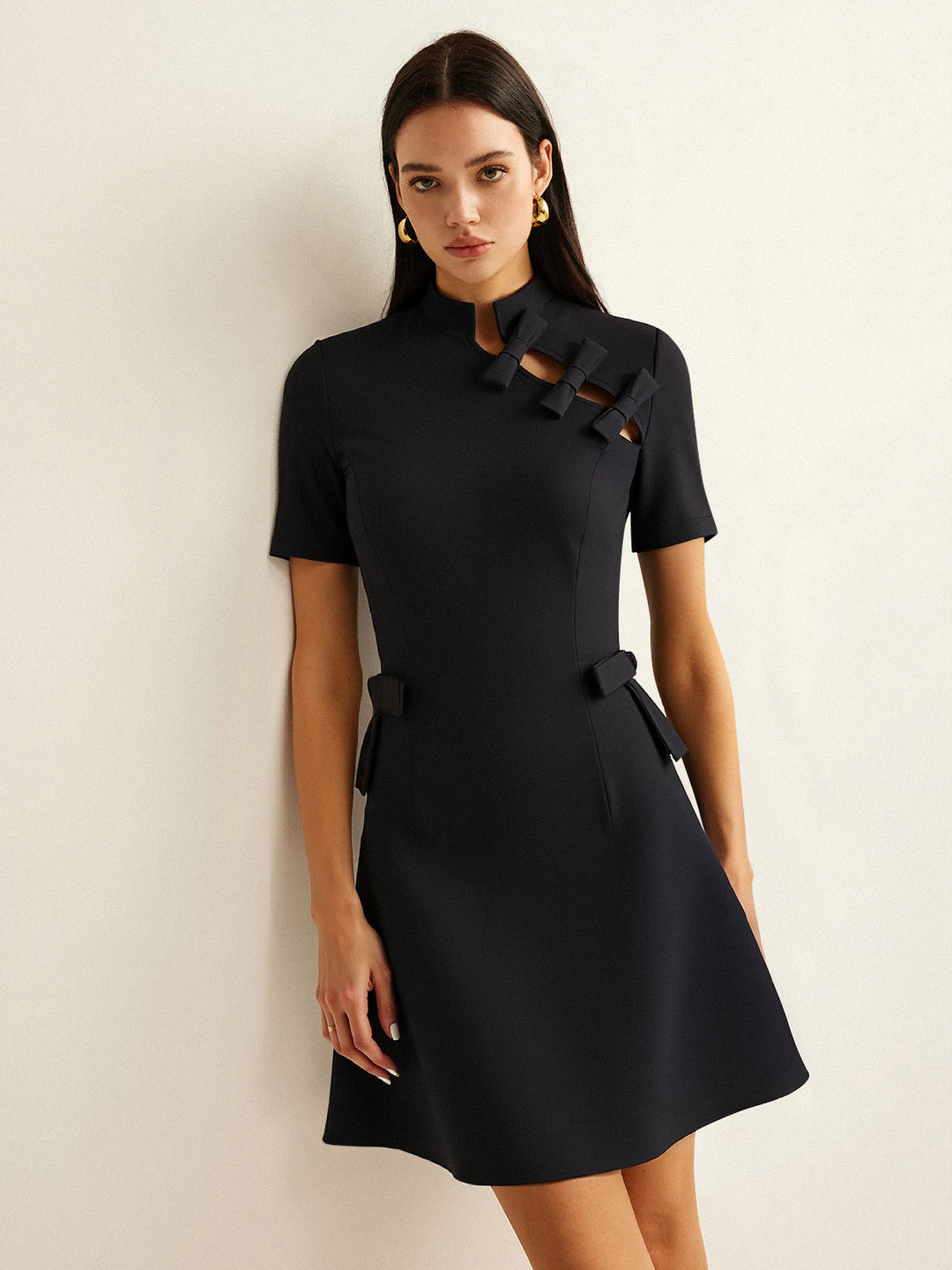 Bow Cut-Out Stand Collar Short Sleeve Dress  Liora Lane Boutique Dresses Black / XL 84.99