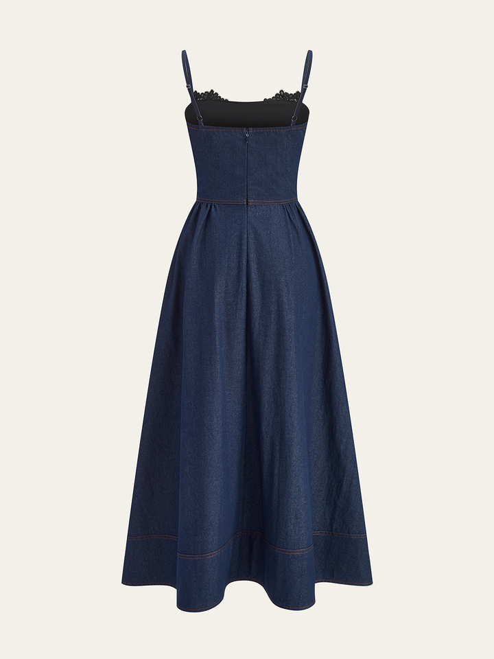 Lace Trim Denim Cami Maxi Dress  Liora Lane Boutique Dresses