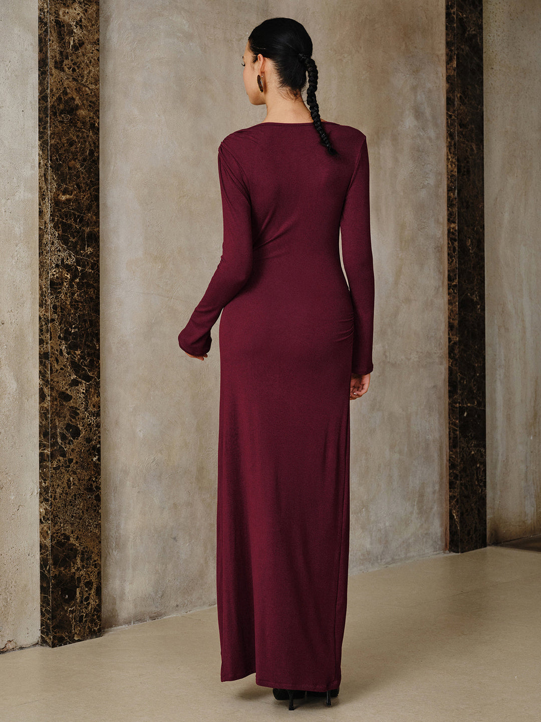 Metal Buckle Long Sleeve Ruched Maxi Dress  Liora Lane Boutique Dresses