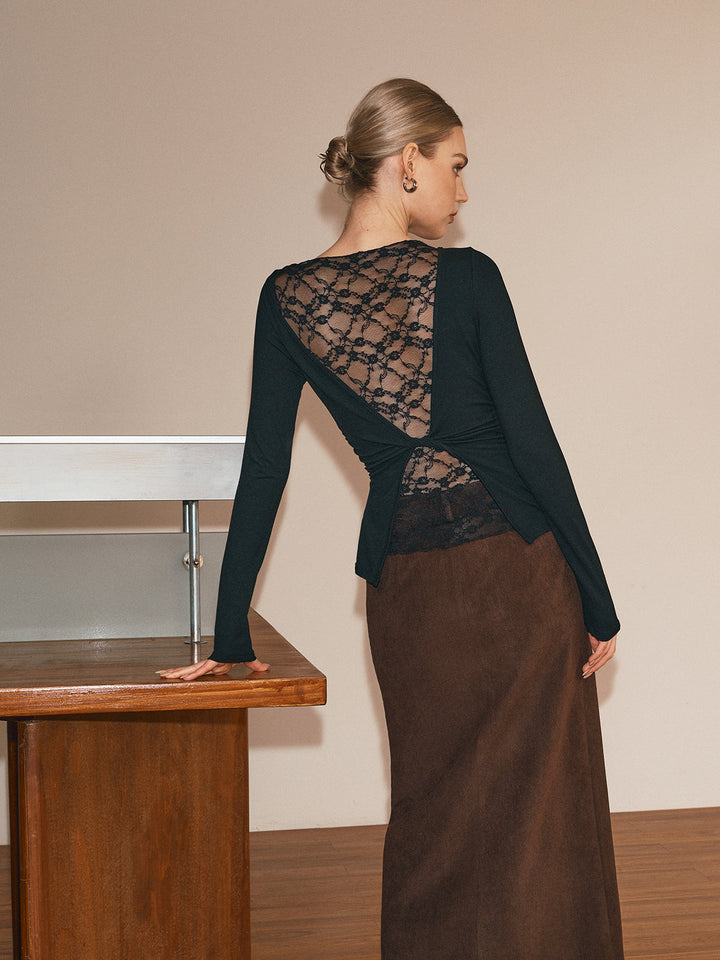 Sheer Lace Back Long Sleeve T-Shirt  Liora Lane Boutique T-Shirts Black / XL 29.00