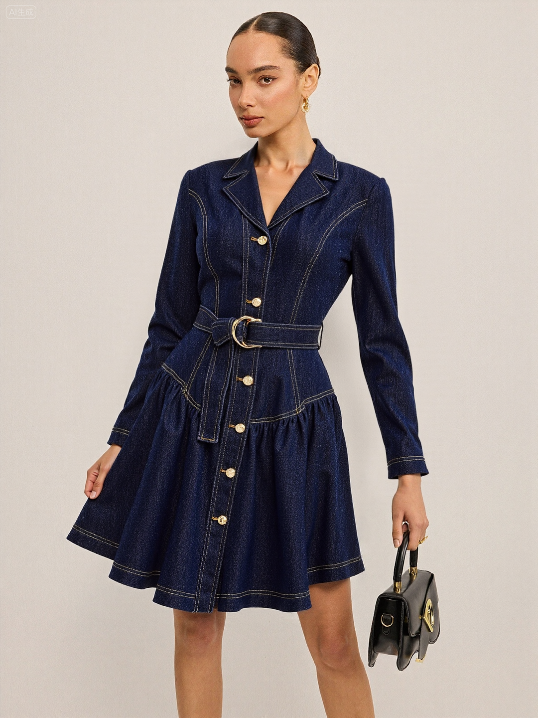 Metal Button Belted Denim Flare Mini Dress  Liora Lane Boutique Denim Dresses Blue / XL 82.00