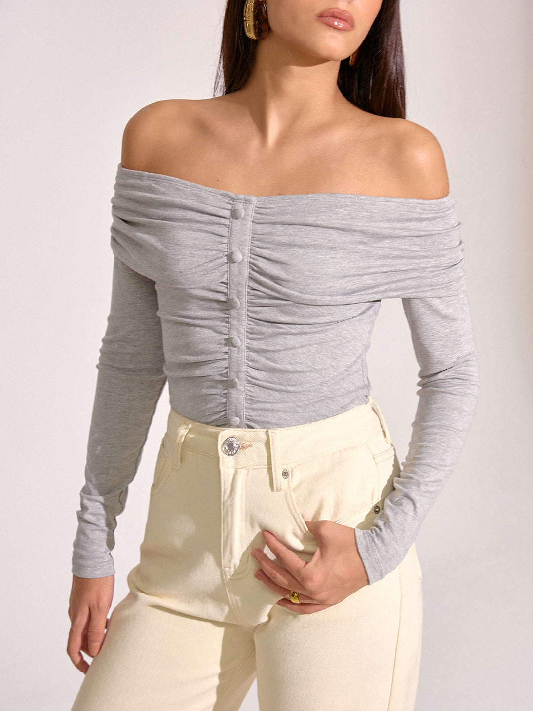 Off-Shoulder Ruched Long Sleeve T-Shirt  Liora Lane Boutique T-Shirts