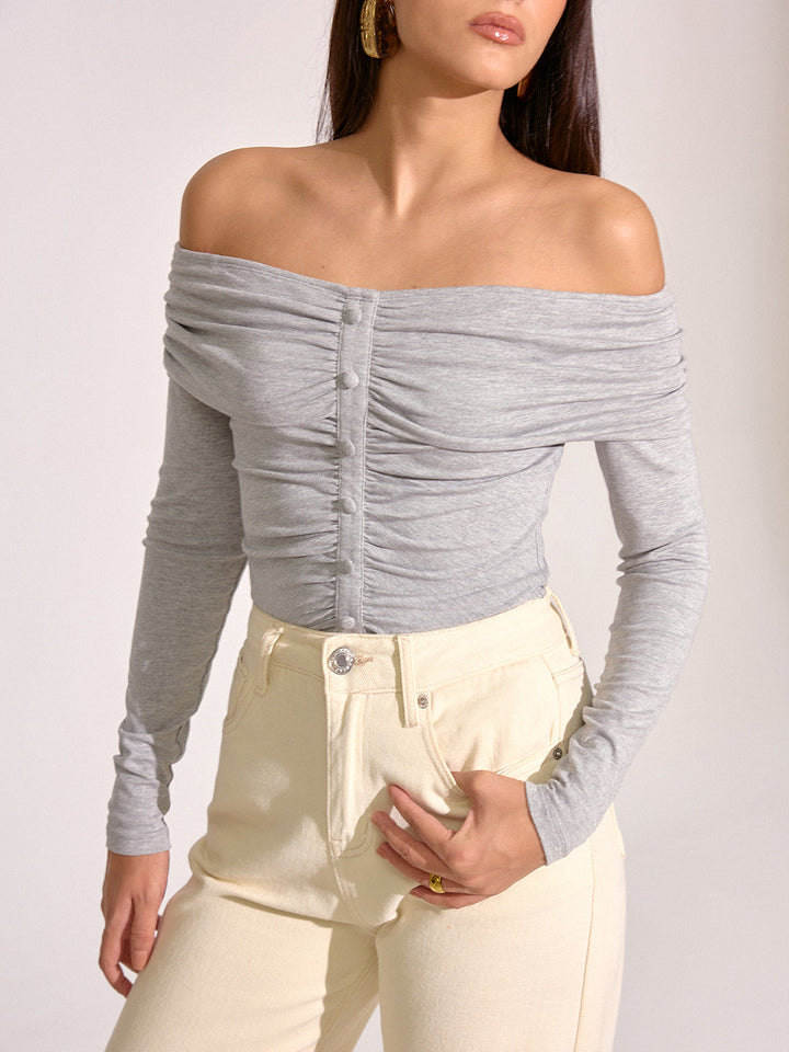 Off-Shoulder Ruched Long Sleeve T-Shirt  Liora Lane Boutique T-Shirts
