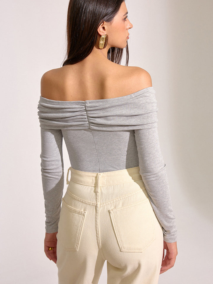 Off-Shoulder Ruched Long Sleeve T-Shirt  Liora Lane Boutique T-Shirts