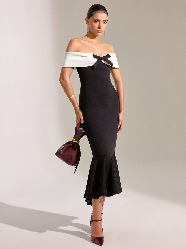 Bow Off-Shoulder Mermaid Midi Dress  Liora Lane Boutique Dresses Black / XL 54.00