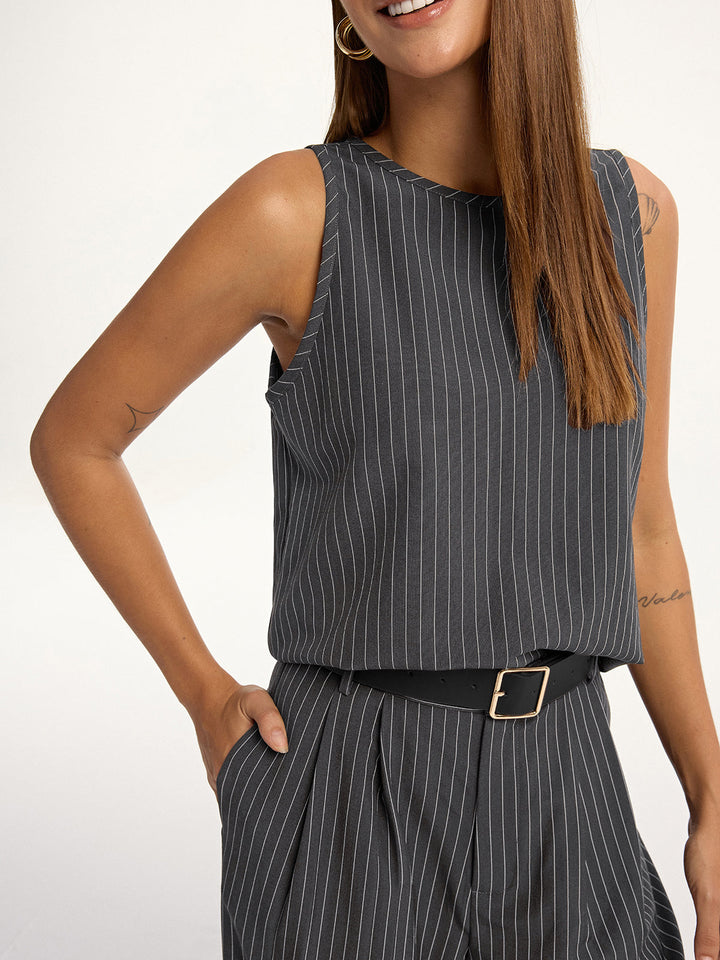 Pinstripe Sleeveless Top and Pants Set with Belt  Liora Lane Boutique Pant Sets