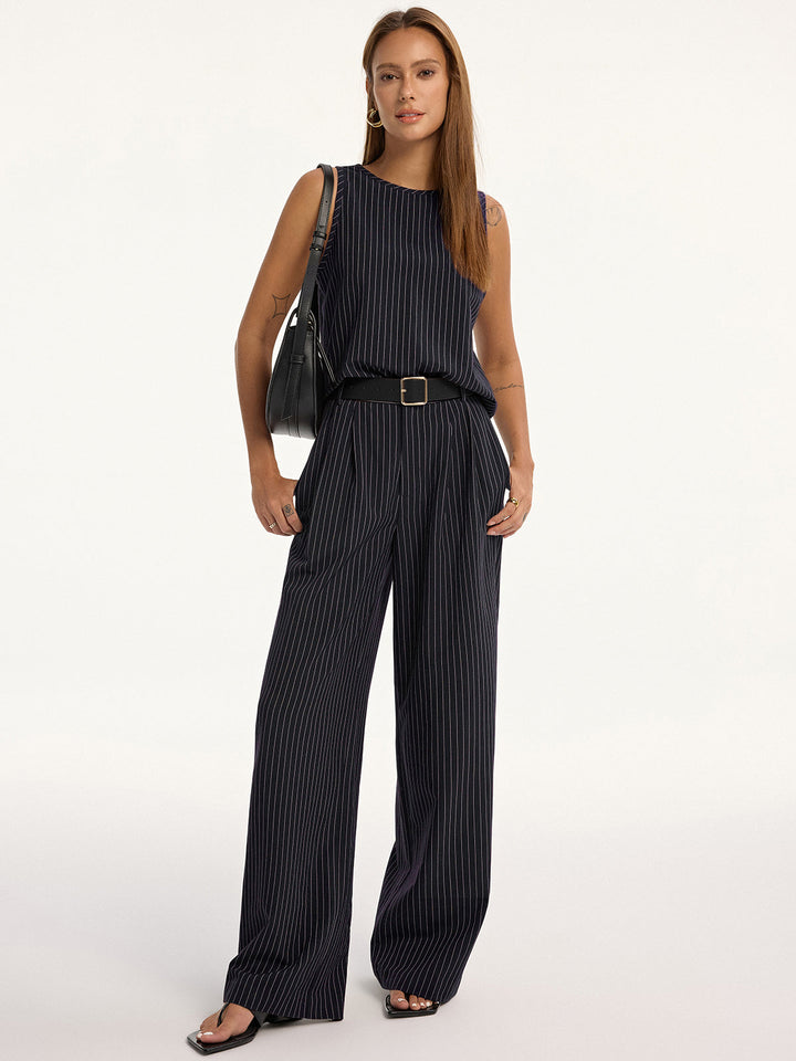 Pinstripe Sleeveless Top and Pants Set with Belt  Liora Lane Boutique Pant Sets Navy / XL 156.99