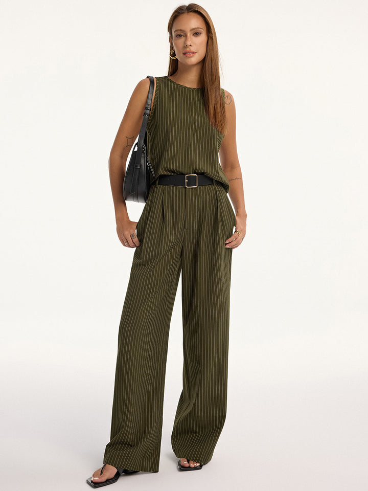 Pinstripe Sleeveless Top and Pants Set with Belt  Liora Lane Boutique Pant Sets Army Green / XL 156.99