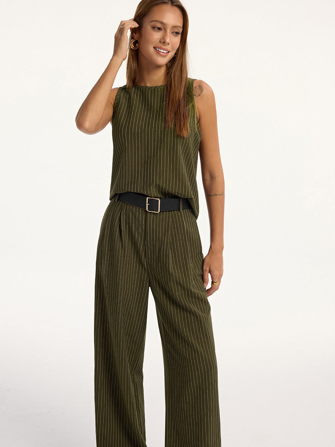 Pinstripe Sleeveless Top and Pants Set with Belt  Liora Lane Boutique Pant Sets
