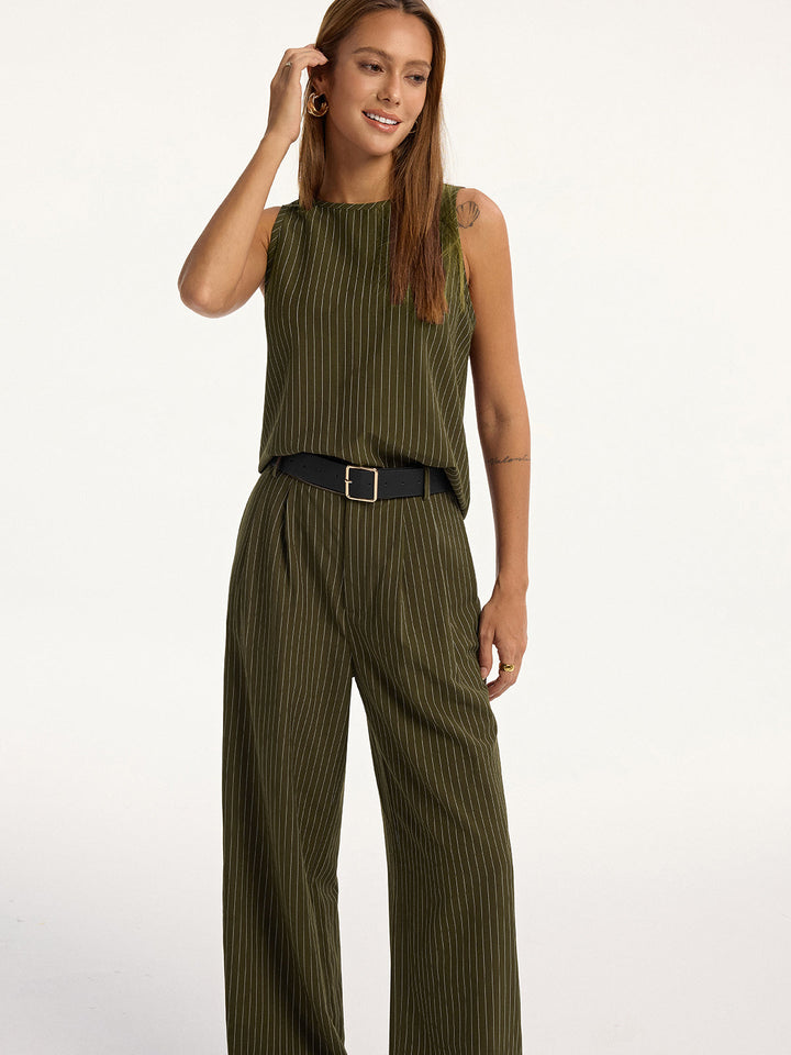Pinstripe Sleeveless Top and Pants Set with Belt  Liora Lane Boutique Pant Sets