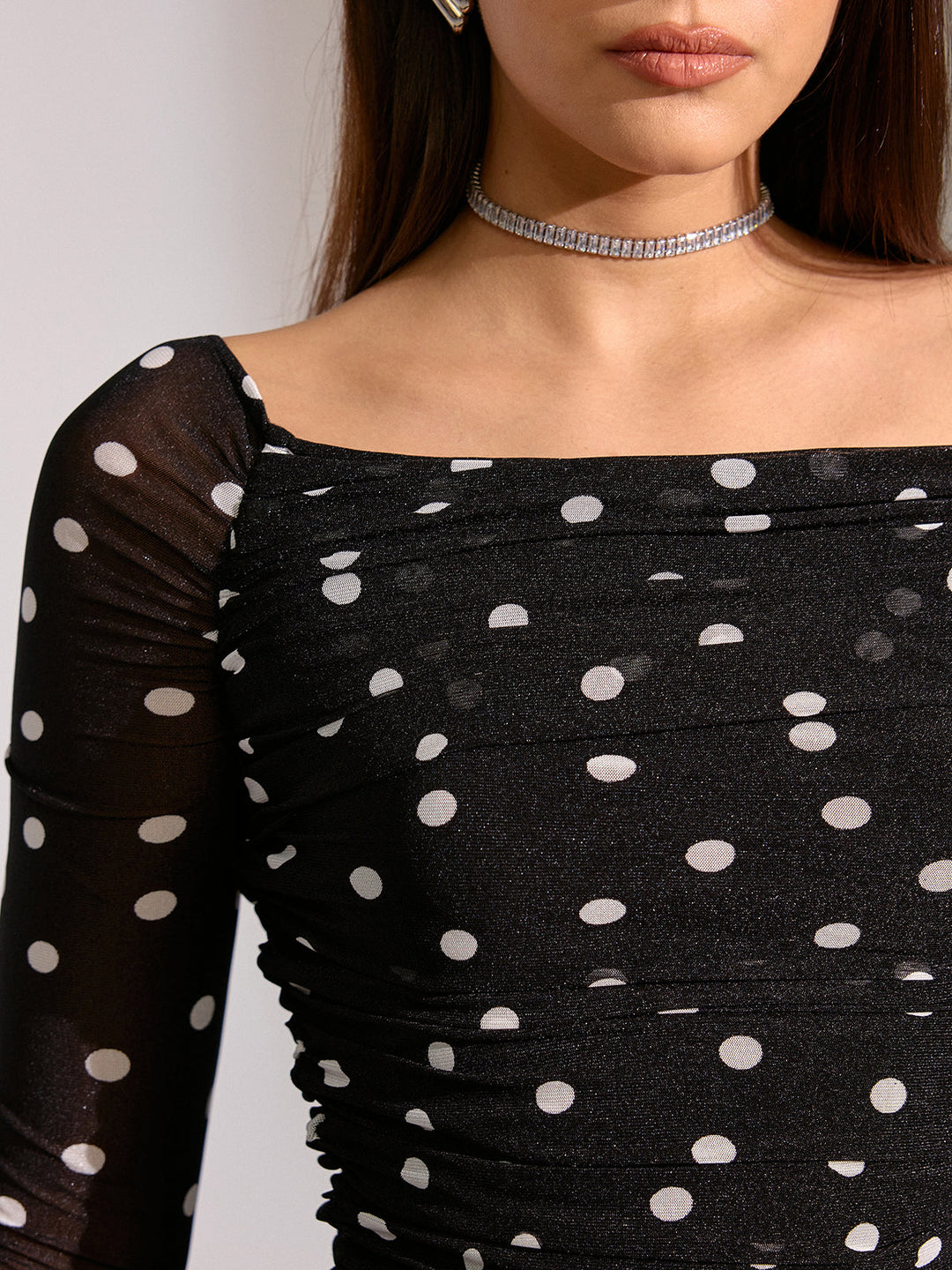Semi-Sheer Mesh Polka Dot Ruched Off-Shoulder T-Shirt  Liora Lane Boutique T-Shirts