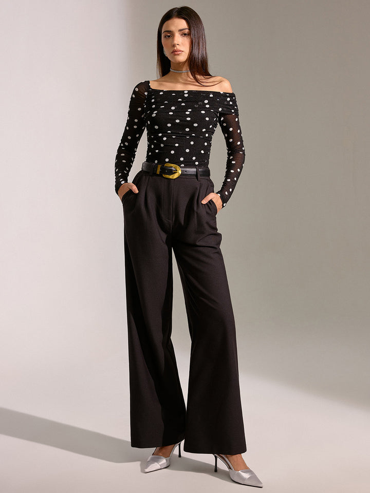 Semi-Sheer Mesh Polka Dot Ruched Off-Shoulder T-Shirt  Liora Lane Boutique T-Shirts