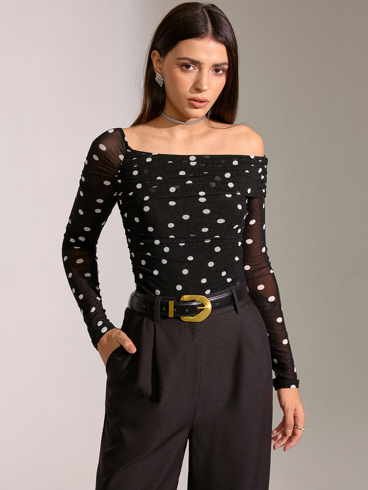 Semi-Sheer Mesh Polka Dot Ruched Off-Shoulder T-Shirt  Liora Lane Boutique T-Shirts Black / XL 29.00