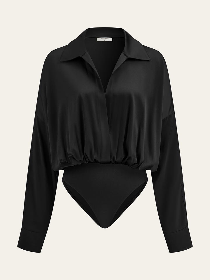 Satin Collared Long Sleeve Bodysuit  Liora Lane Boutique Bodysuits Black / XL 35.00