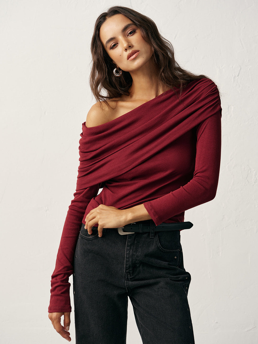 Off-Shoulder Ruched Wool Blend T-Shirt  Liora Lane Boutique T-Shirts