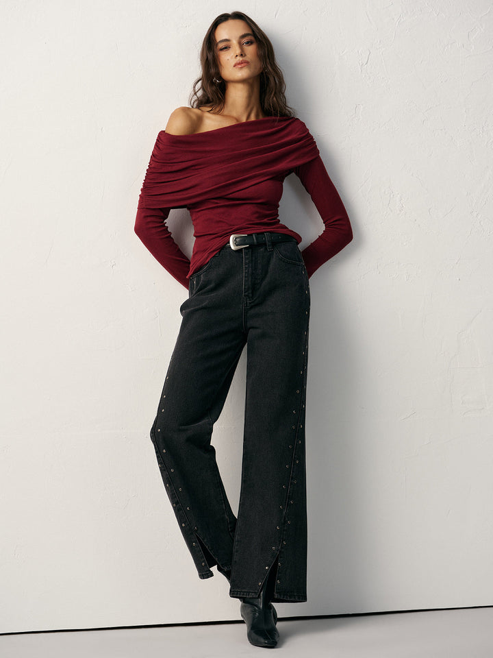 Off-Shoulder Ruched Wool Blend T-Shirt  Liora Lane Boutique T-Shirts