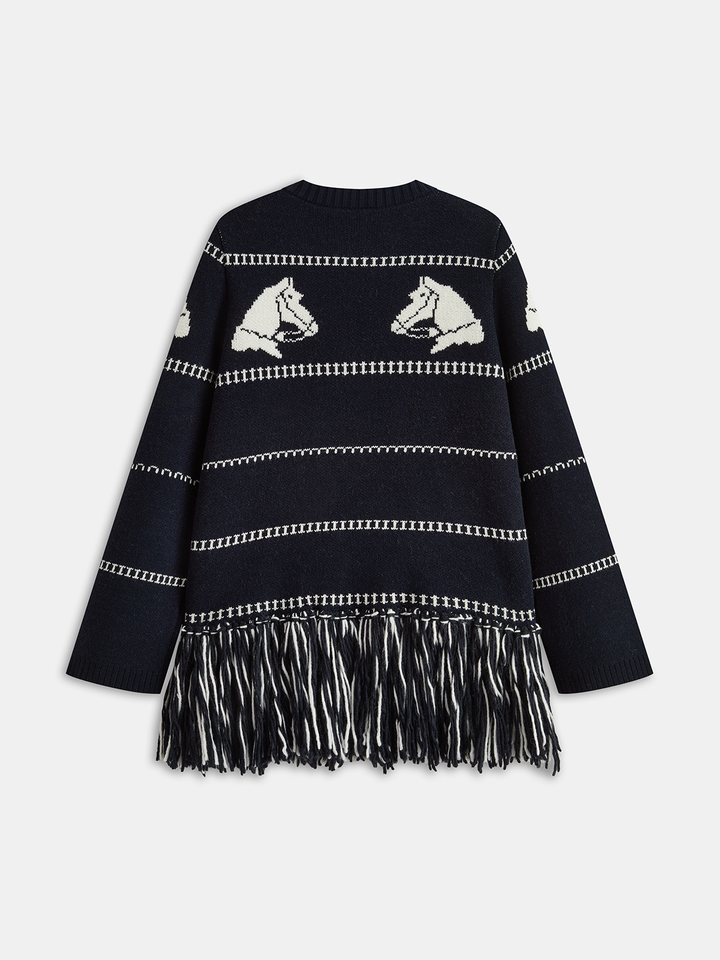 Horse-Pattern Wool Blend Fringe Cardigan  Liora Lane Boutique Cardigans
