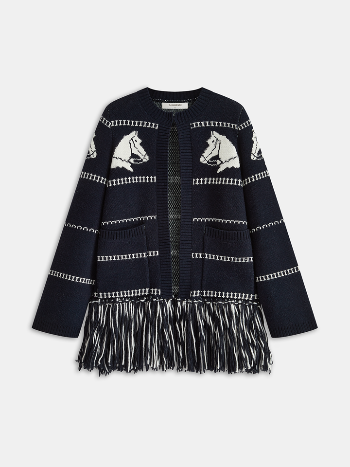 Horse-Pattern Wool Blend Fringe Cardigan  Liora Lane Boutique Cardigans