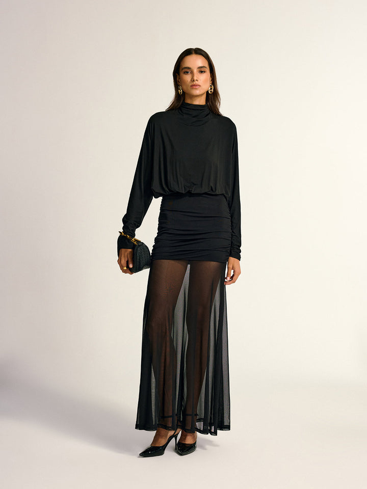 Turtleneck Long Sleeve Drape Ruched Mesh Dress  Liora Lane Boutique Dresses Black / XL 52.00
