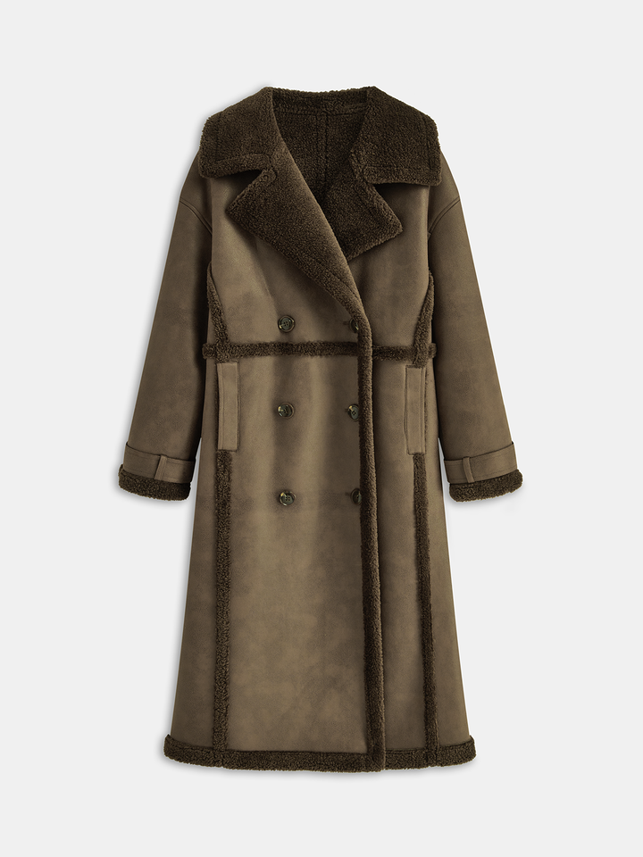 Double-Breasted Fleece Lined Faux Leather Longline Coat  Liora Lane Boutique Women Faux Fur Coats