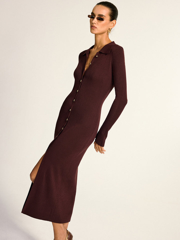 Metal Button Collar Ribbed Knit Midi Dress  Liora Lane Boutique Sweater Dresses