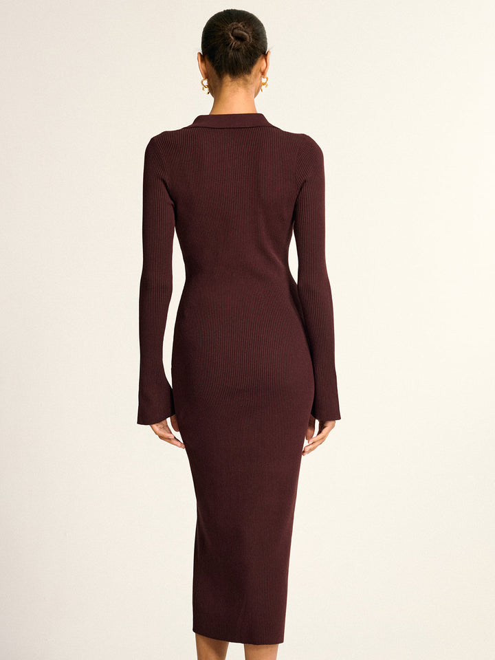 Metal Button Collar Ribbed Knit Midi Dress  Liora Lane Boutique Sweater Dresses