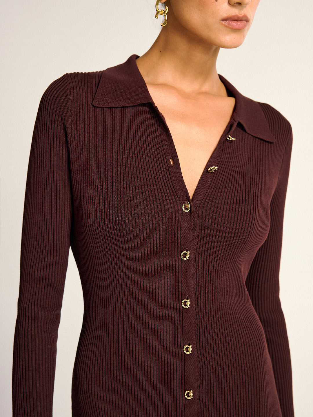 Metal Button Collar Ribbed Knit Midi Dress  Liora Lane Boutique Sweater Dresses