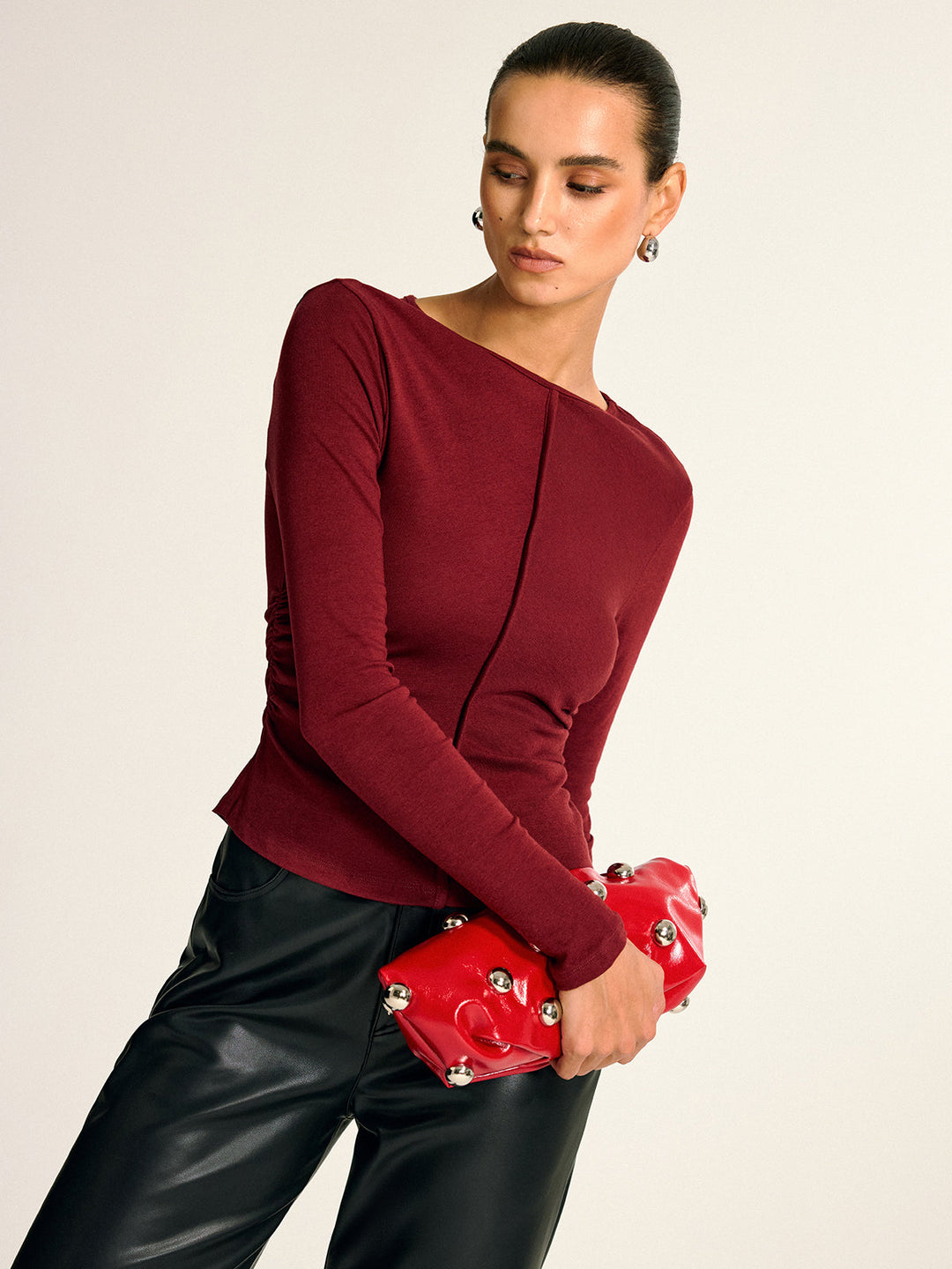 Wool Blend Ruched Long Sleeve T-Shirt  Liora Lane Boutique T-Shirts