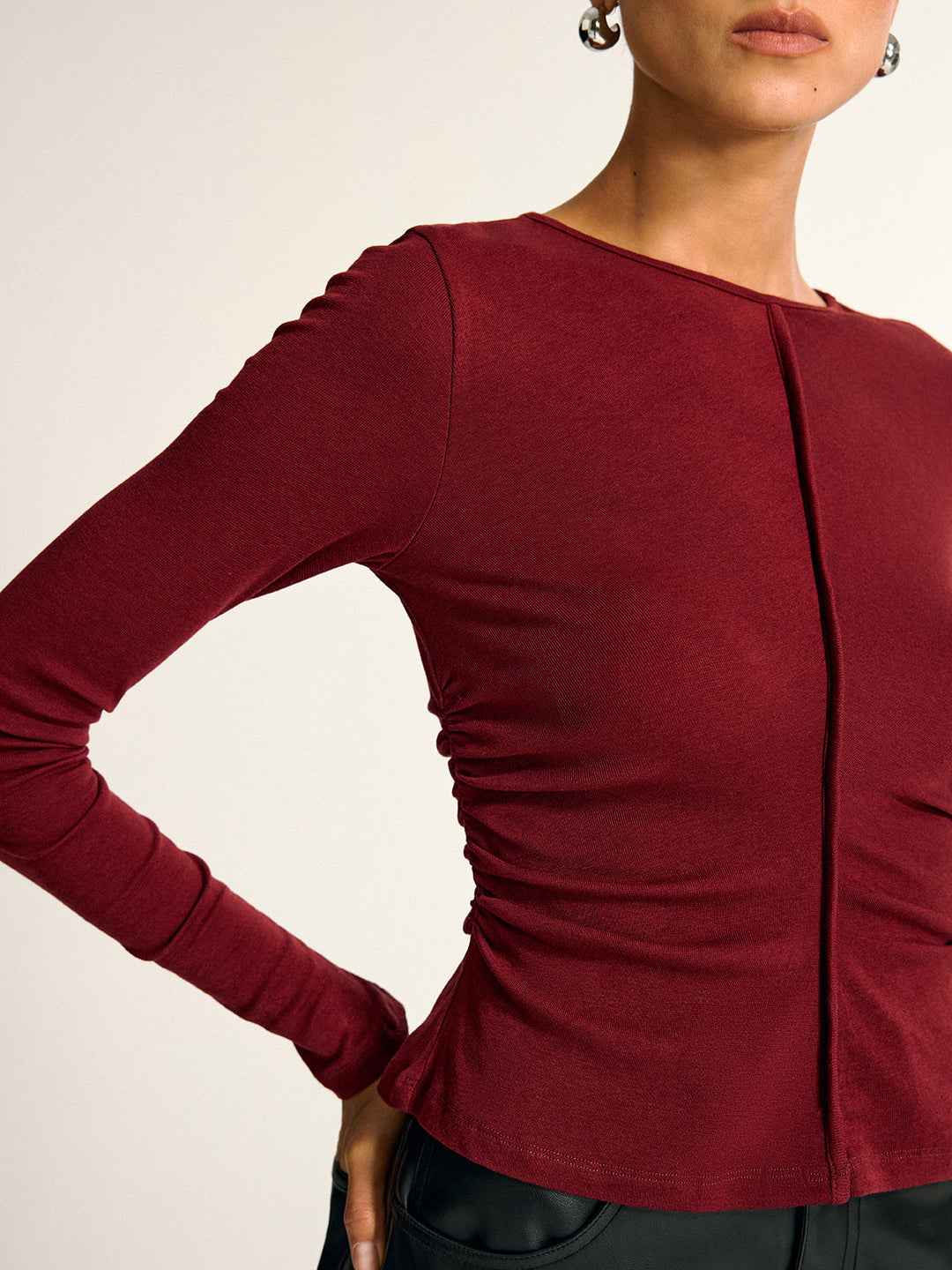 Wool Blend Ruched Long Sleeve T-Shirt  Liora Lane Boutique T-Shirts