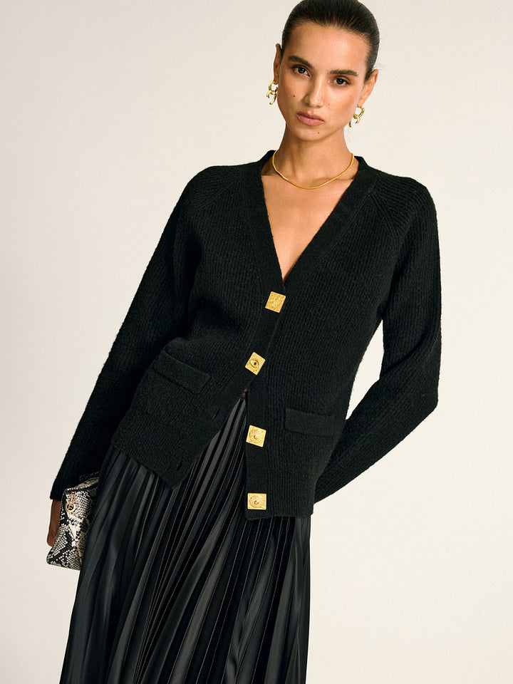 Metal Button V-Neck Wool Blend Cardigan  Liora Lane Boutique Cardigans
