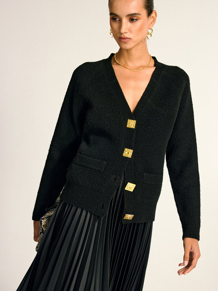 Metal Button V-Neck Wool Blend Cardigan  Liora Lane Boutique Cardigans